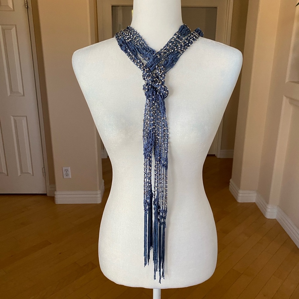 Two Pack Crocheted Beaded Necklace/Belt Jewelry Black/Silver and Blue/Silver - Picture 6 of 14